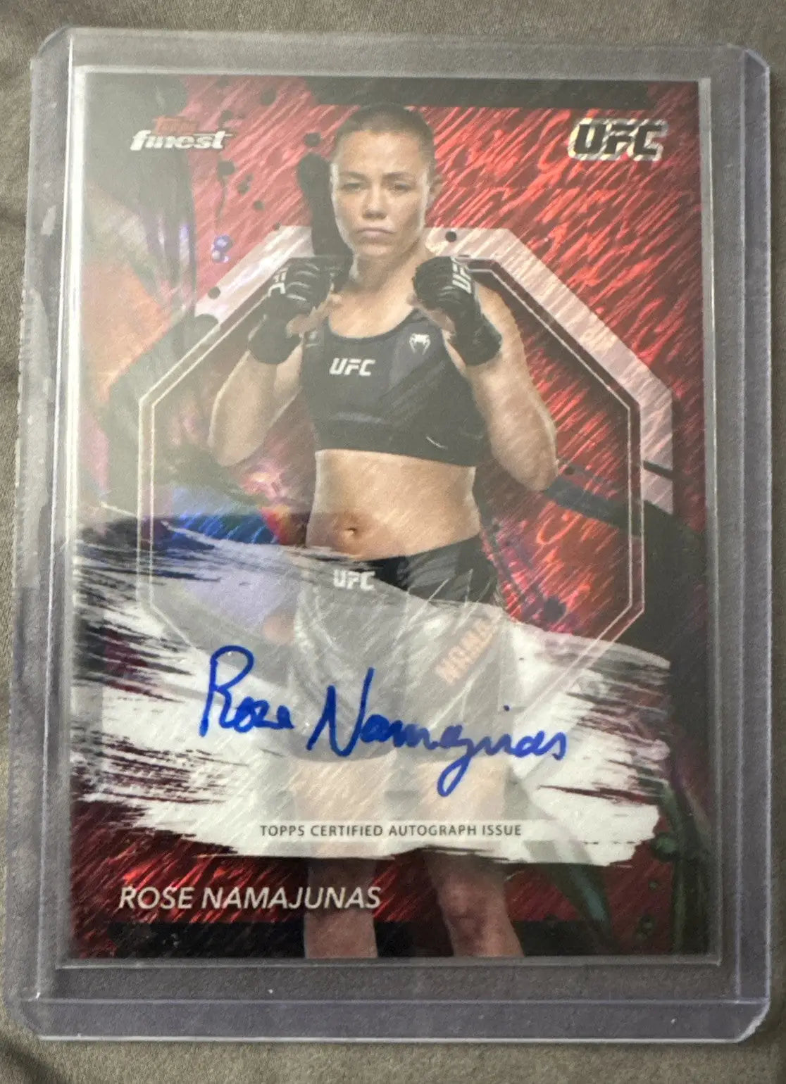 Rose Namajunas autographed UFC trading card from 2024 Topps Finest UFC Finest Auto Red Shimmer Refractor
