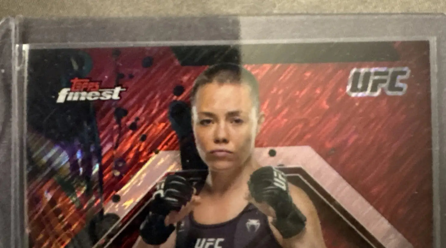 UFC trading card featuring Rose Namajunas from 2024 Topps Finest UFC Finest Auto Red Shimmer