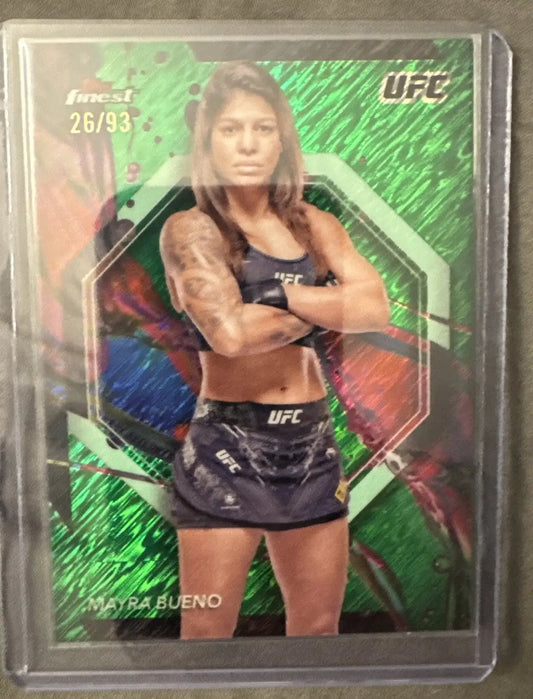 UFC Mayra Bueno trading card from Topps Finest UFC series with green shimmer background