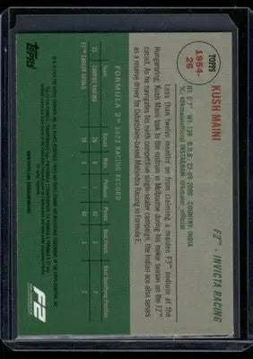 Topps Formula Kush Maini racing card 2023 record and career totals for 2024 Topps Formula 2