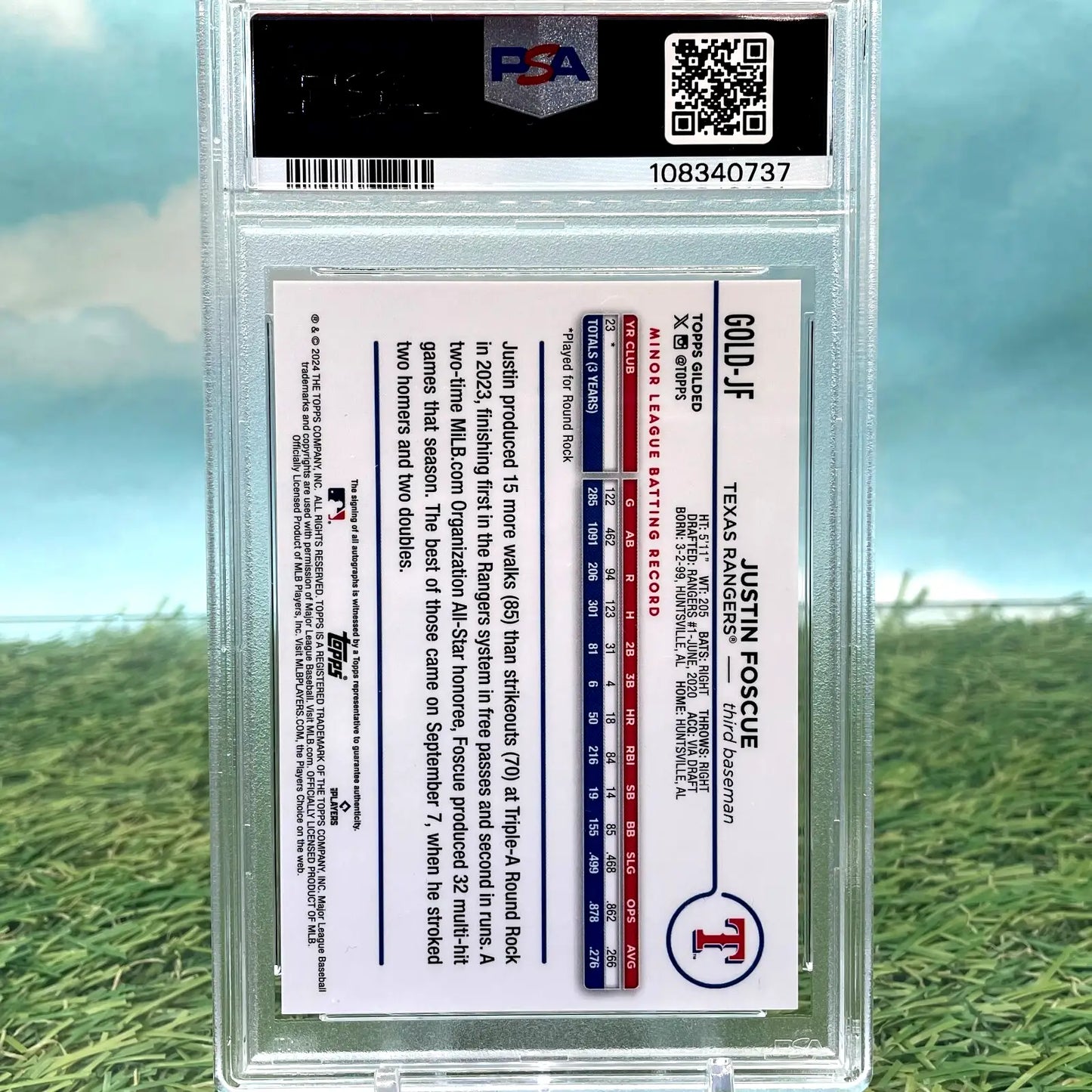 Graded Justin Foscue baseball card from 2024 Topps Gilded Collection Gold Variation Auto