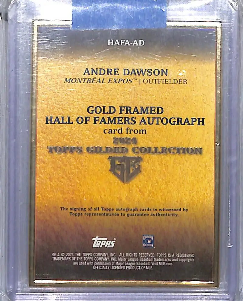 Gold-framed Andre Dawson autographed baseball card from 2024 Topps Gilded Collection Hall of Famers