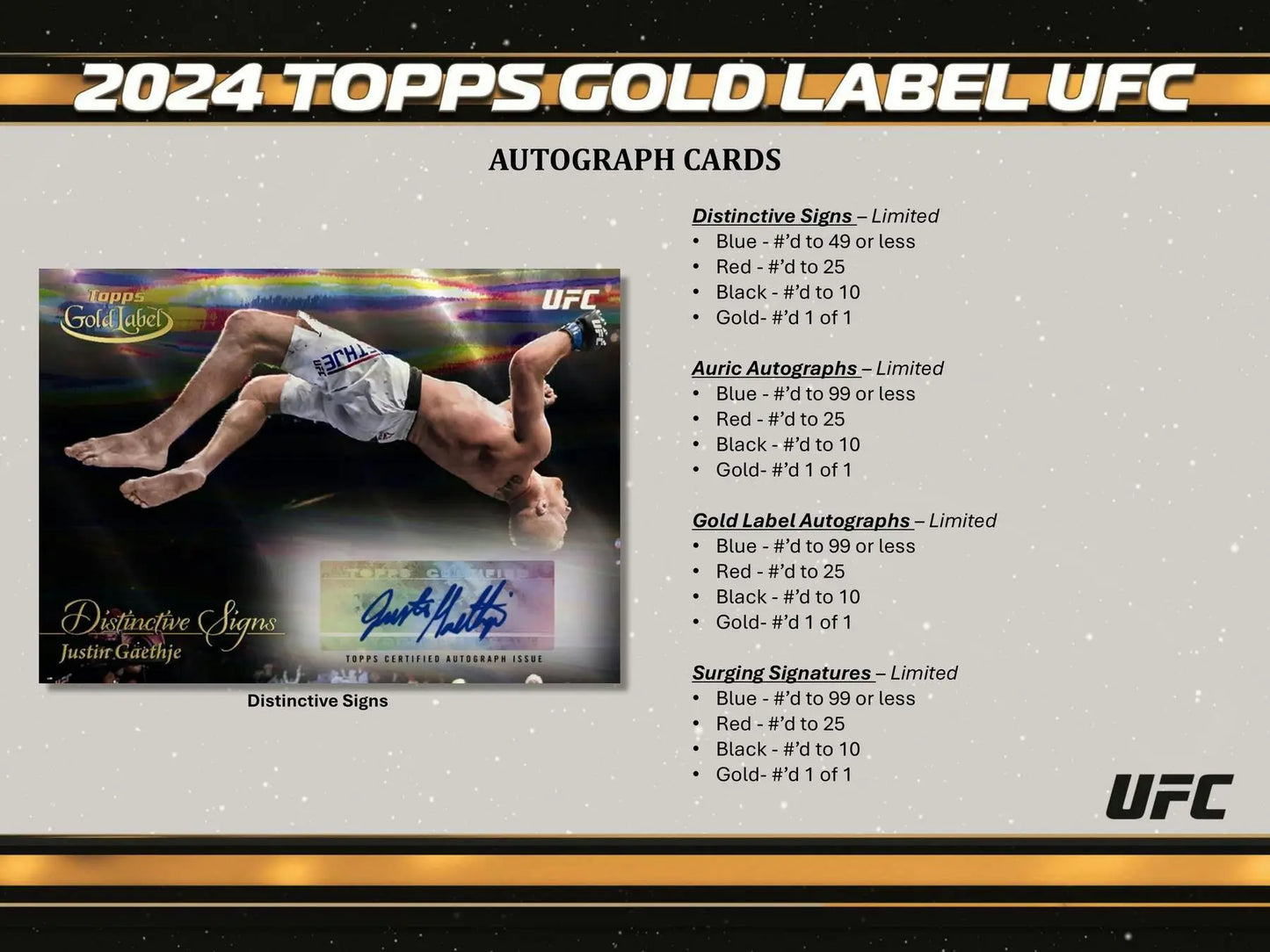 2024 Topps Gold Label UFC autograph cards from the class iii base set inside the hobby box