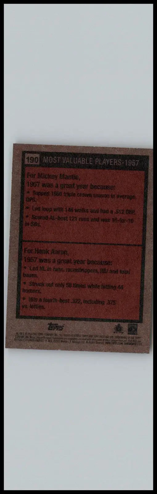 Baseball card back from 2024 Topps Heritage featuring Mickey Mantle and Hank Aaron