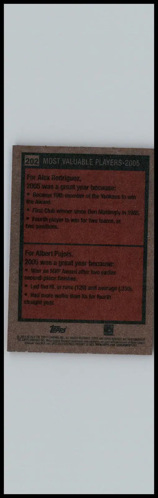 Baseball card featuring Alex Rodriguez and Albert Pujols from 2024 Topps Heritage MVP series