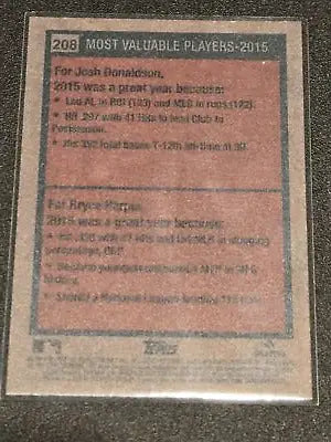 Baseball card featuring 2015 MVPs Josh Donaldson and Bryce Harper from Topps Heritage