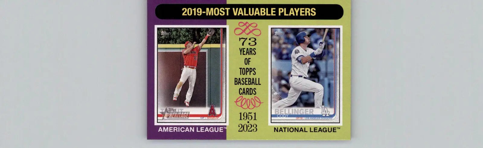 Baseball cards commemorating 73 years of Topps Heritage featuring Mike Trout and Cody Bellinger