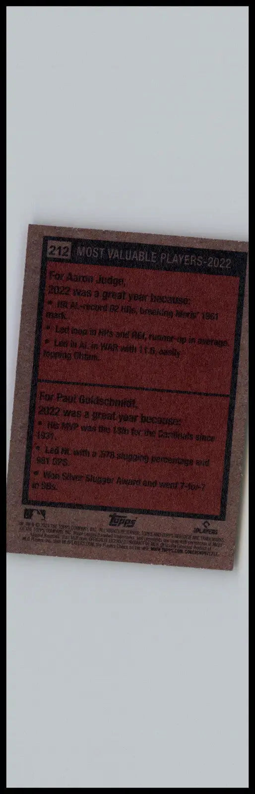 Baseball card back featuring Topps Heritage 2024 Aaron Judge and Paul Goldschmidt MVPs