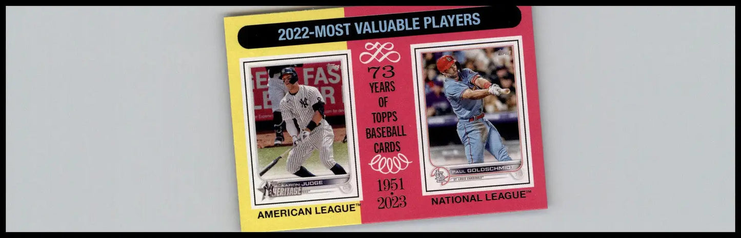 2022 Topps Heritage baseball card featuring Aaron Judge and Paul Goldschmidt MVPs
