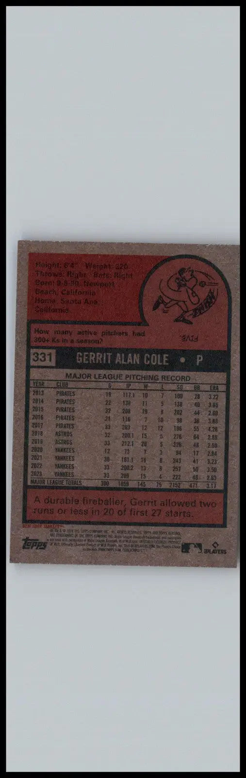 Back of 2024 Topps Heritage Gerrit Cole Baseball card featuring player stats and info