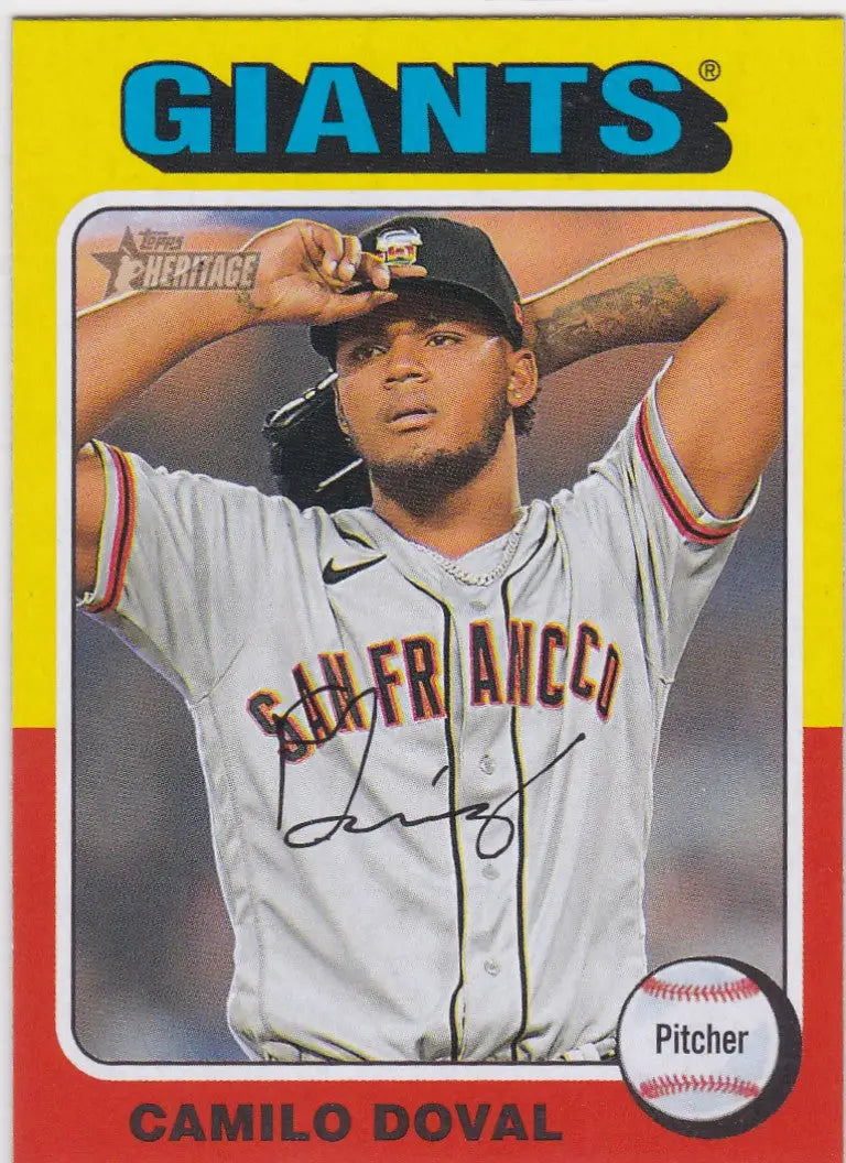 Baseball card of Camilo Doval SP San Francisco Giants in white jersey from Topps Heritage