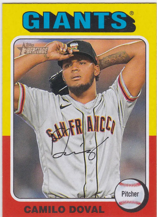 Baseball card of Camilo Doval SP San Francisco Giants in white jersey from Topps Heritage