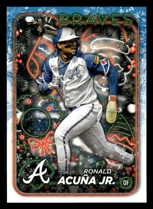 2024 Topps Holiday H100 Ronald Acuña Jr. Christmas-themed trading card featuring Ronald Acuña