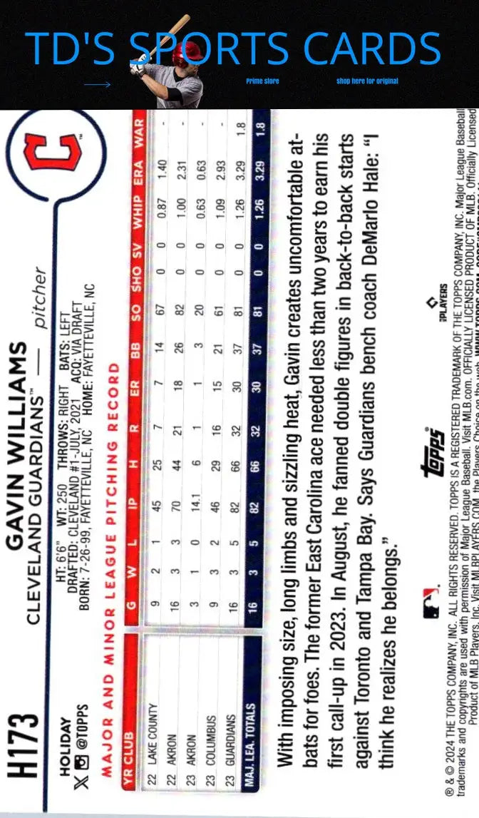 Baseball card back of 2024 Topps Holiday H173 Gavin Williams Silver Glitter