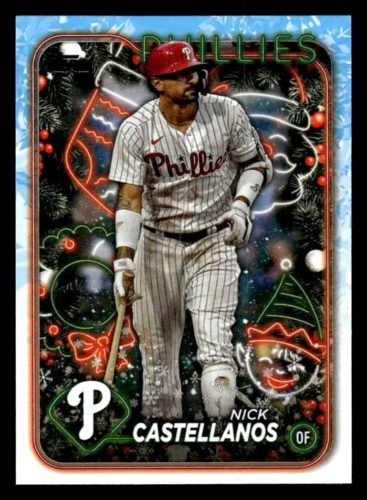 Baseball trading card of Nick Castellanos in Phillies uniform with festive holiday design, 2024 Topps Holiday H195
