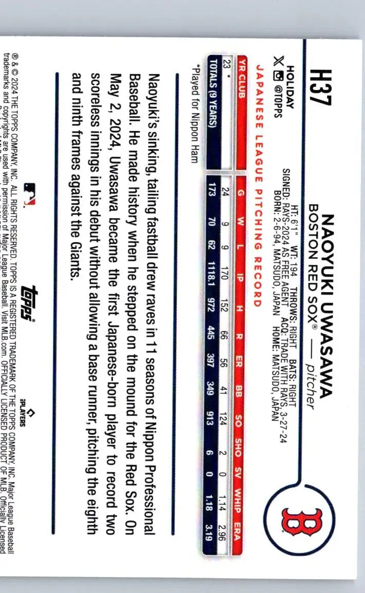 Naoyuki Uwasawa baseball card from 2024 Topps Holiday H37 featuring Naoyuki Uwasawa