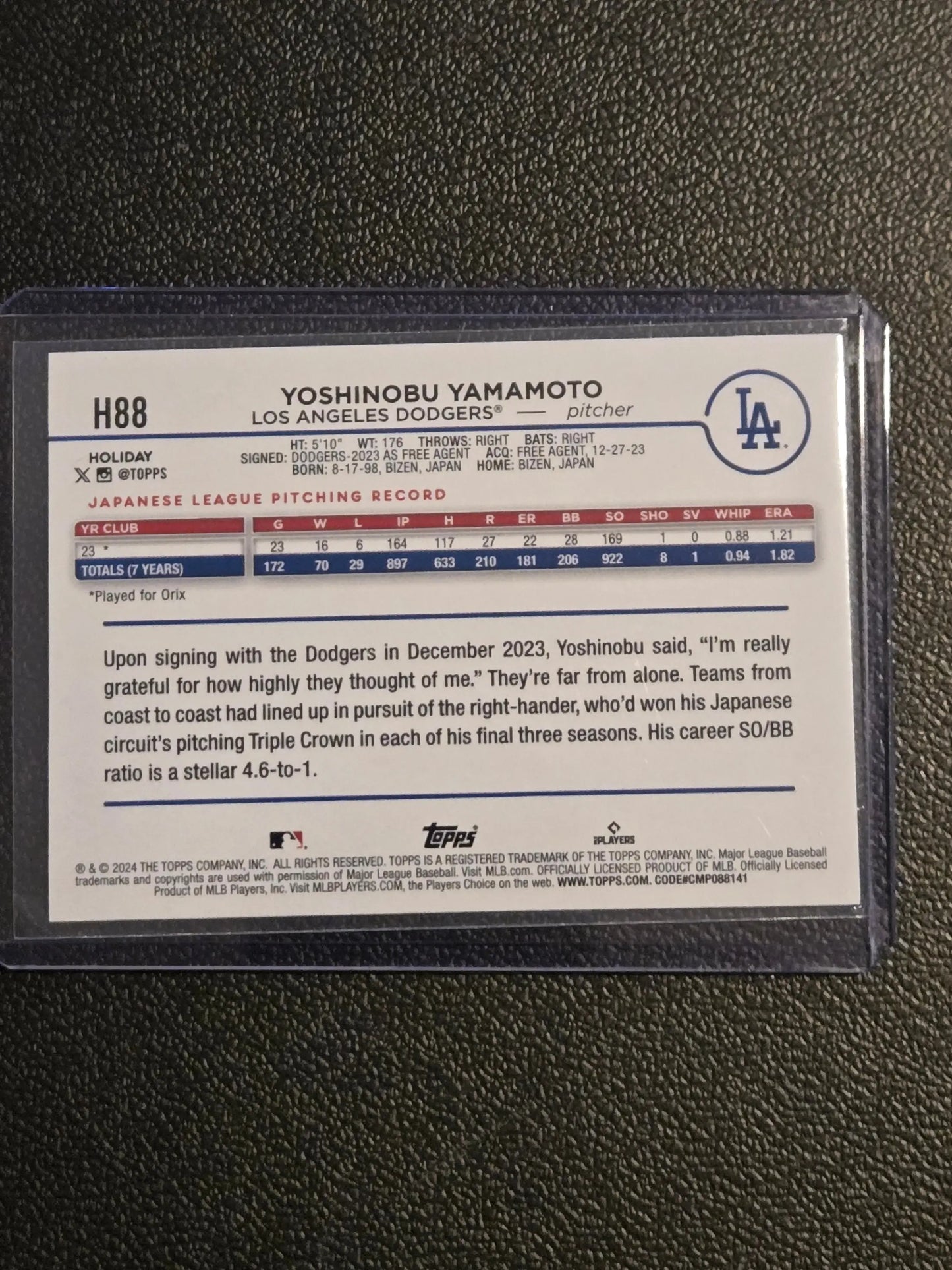 Baseball card of Yoshinobu Yamamoto from 2024 Topps Holiday H88b Yoshinobu Yamamoto