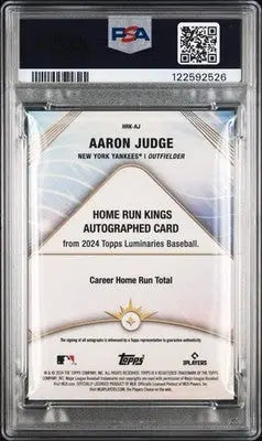 Graded Aaron Judge autographed baseball card from 2024 Topps Luminaries Aaron Judge Home Run Kings /10 PSA 10