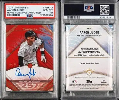 Graded Aaron Judge autographed baseball card from 2024 Topps Luminaries Aaron Judge Home Run Kings /10 PSA 10