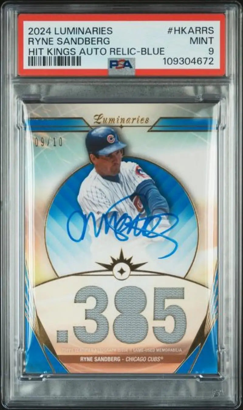 2024 Topps Luminaries Blue #HKARRS Ryne Sandberg PSA 9 MINT MEM Auto 9/10 Chicago Cubs Baseball Card