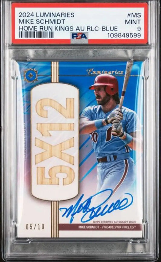 Graded Mike Schmidt baseball card from 2024 Topps Luminaries Blue series with PSA 9 rating