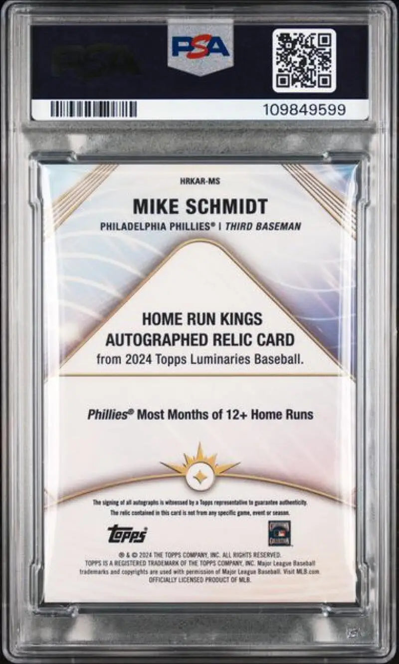 Graded Mike Schmidt autographed relic baseball card from 2024 Topps Luminaries Blue series