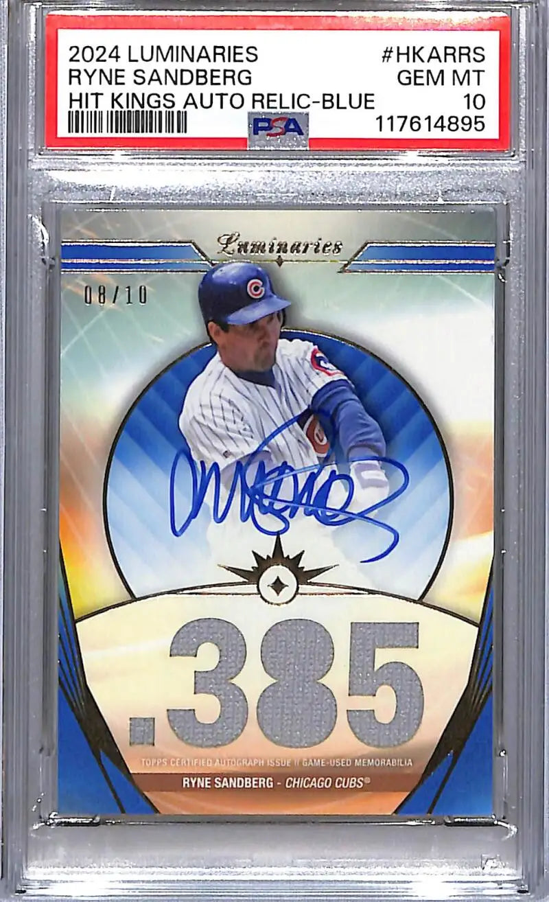 2024 Topps Luminaries Hit Kings Blue #HKAR-RS Ryne Sandberg PSA 10 GEM MINT MEM Auto 08/10 Chicago Cubs