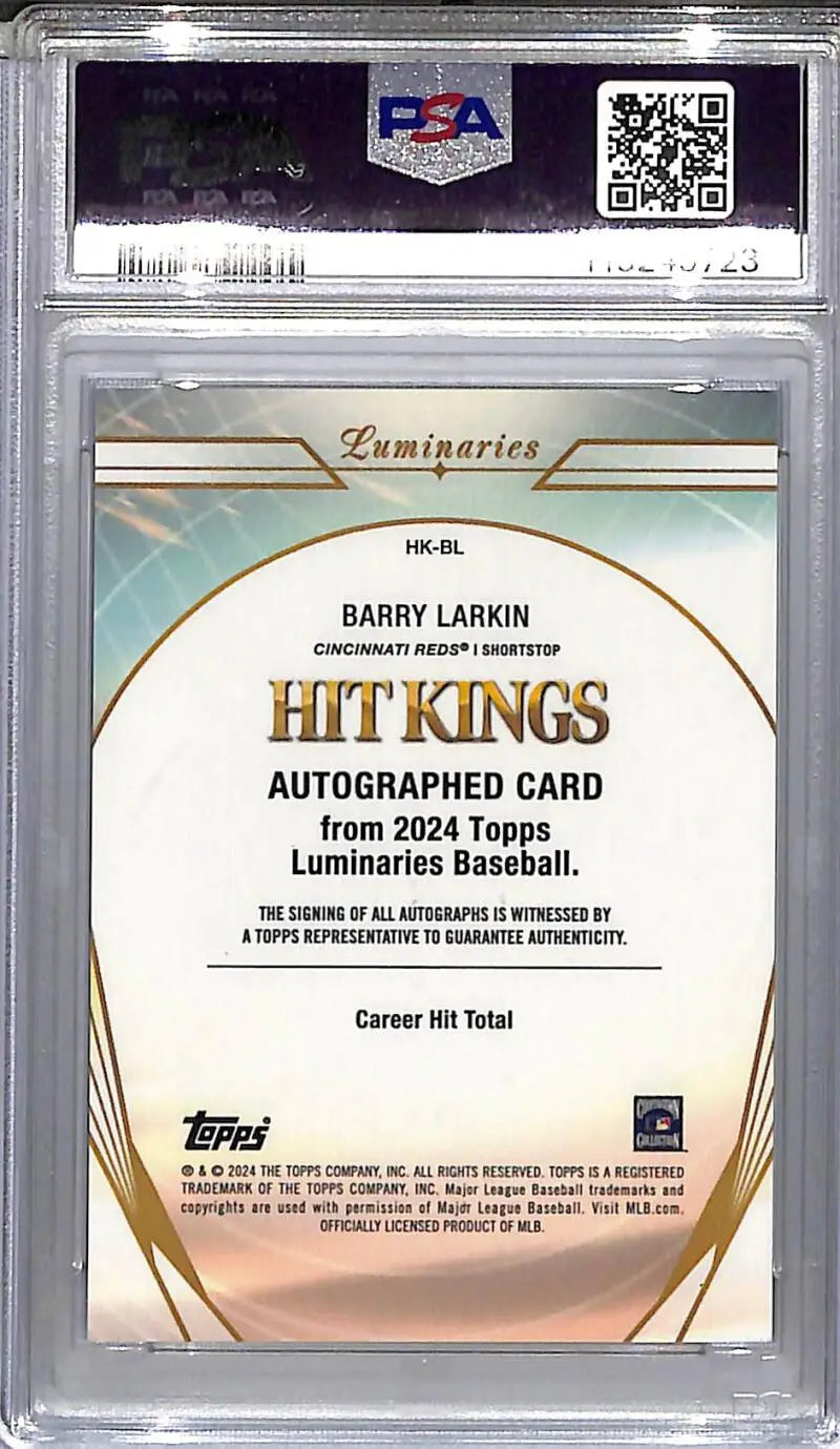 Graded Barry Larkin autographed baseball card featuring Cincinnati Reds in GEM MINT condition