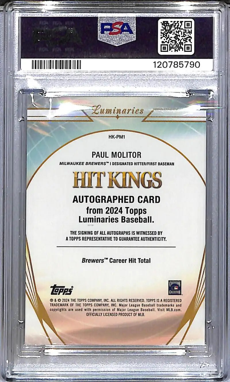 Graded Paul Molitor autographed baseball card from 2024 Topps Luminaries Hit Kings series