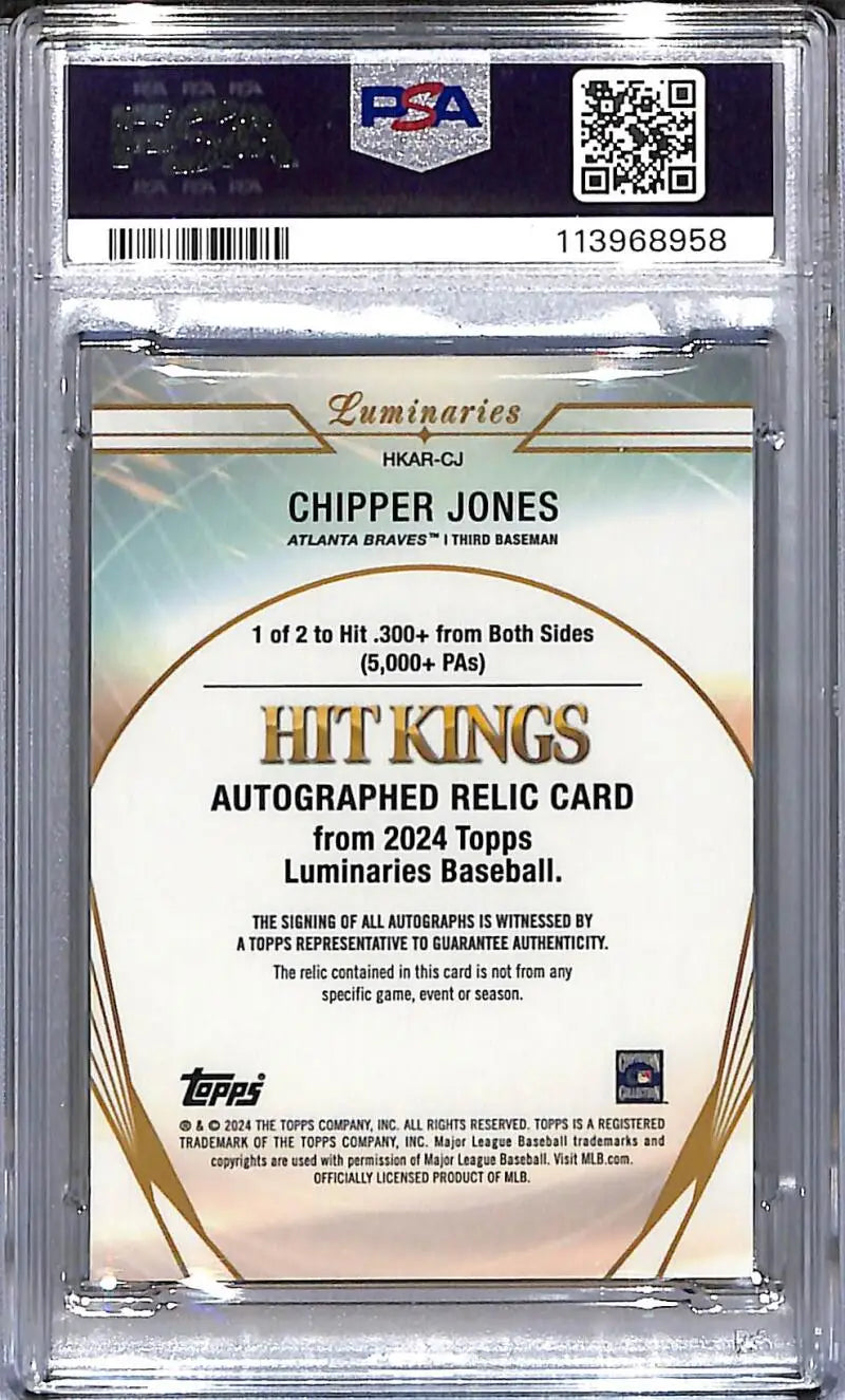 Graded Chipper Jones Atlanta Braves baseball card from 2024 Topps Luminaries Hit Kings series