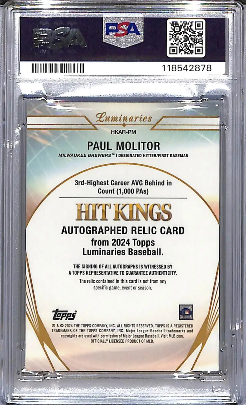 Paul Molitor autographed relic baseball card from 2024 Topps Luminaries Hit Kings, GEM MINT