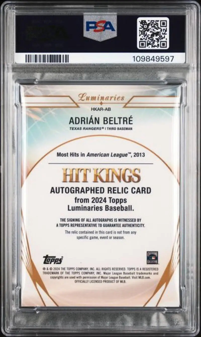 Graded Adrián Beltré baseball card from 2024 Topps Luminaries featuring PSA 9 MINT status