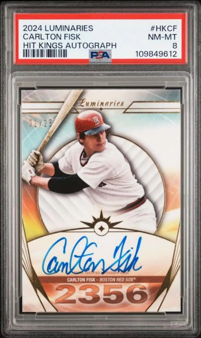 Graded Carlton Fisk autographed baseball card featuring Boston Red Sox logo in 2024 Topps Luminaries