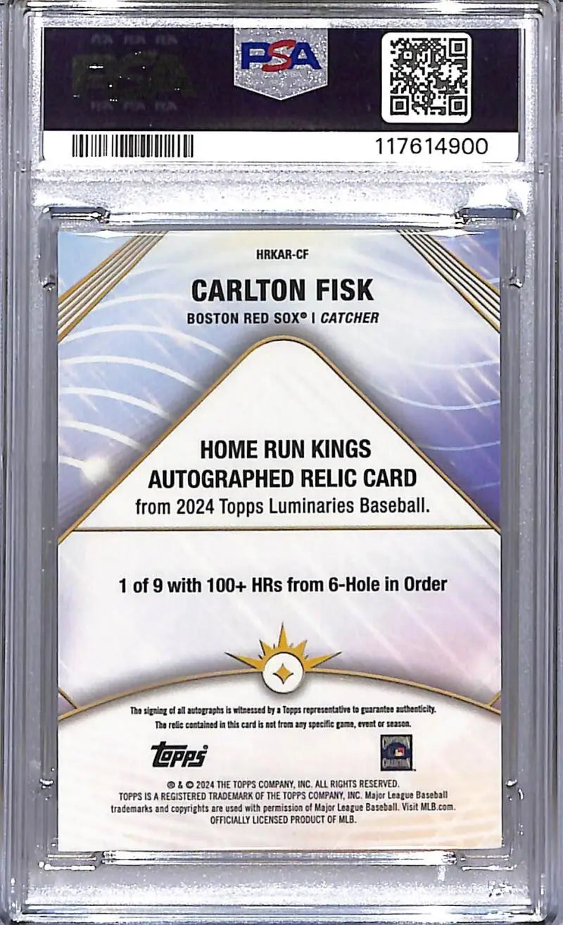 Graded Carlton Fisk Boston Red Sox baseball card featuring a home run, PSA 9 MINT MEM auto