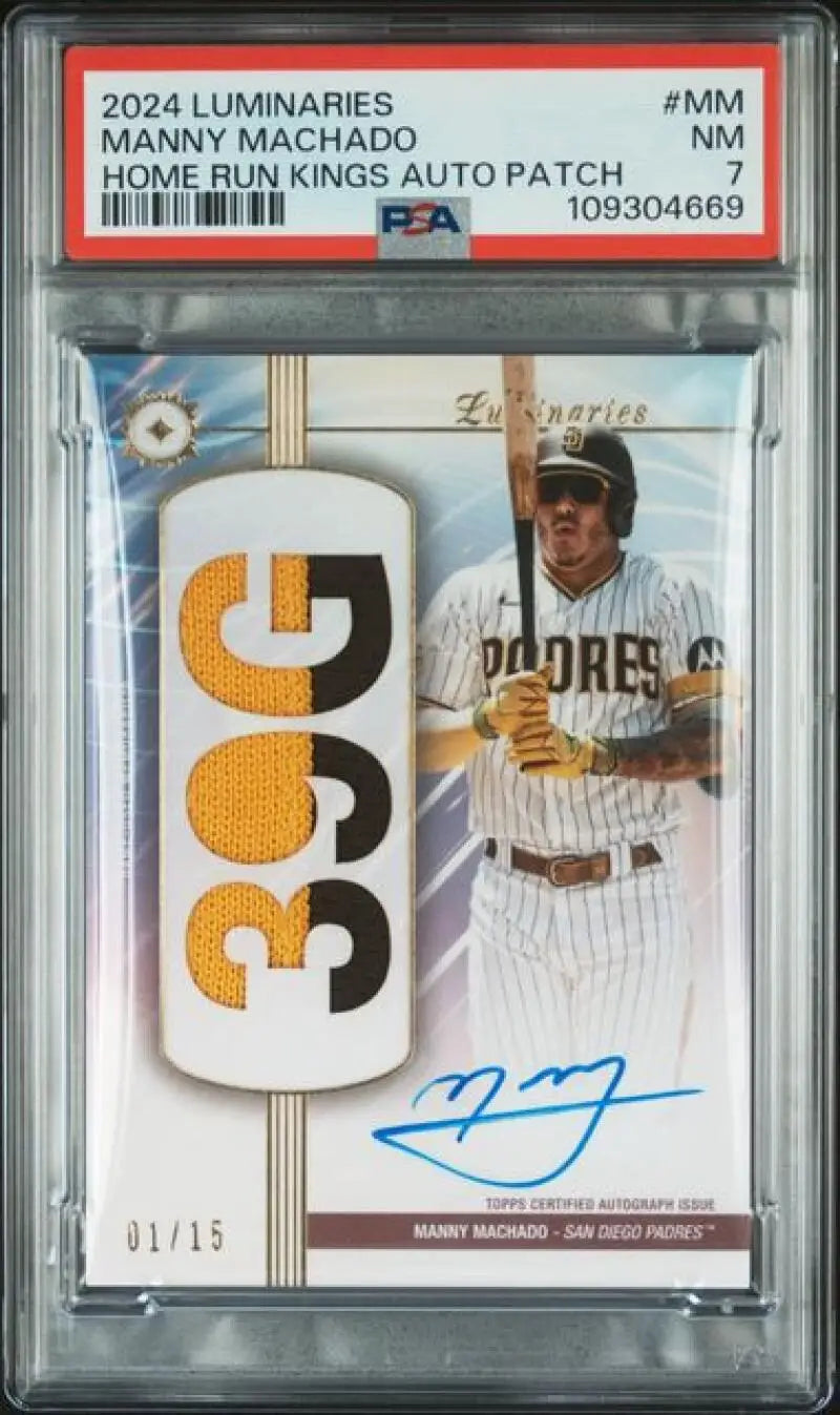 Autographed Manny Machado baseball card featuring San Diego Padres memorabilia and PSA 7 grade