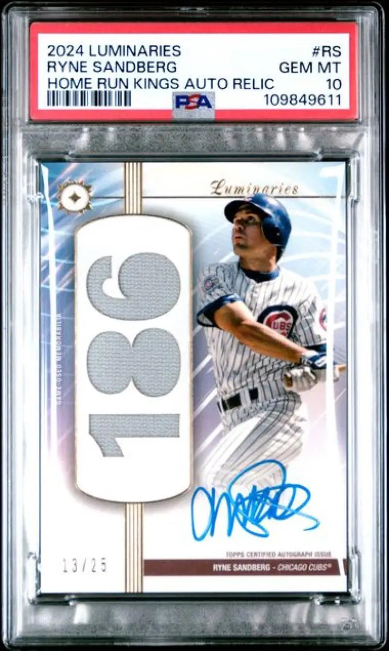 2024 Topps Luminaries #HRKARRS Ryne Sandberg PSA 10 GEM MINT MEM Auto 13/25 Chicago Cubs Baseball Card