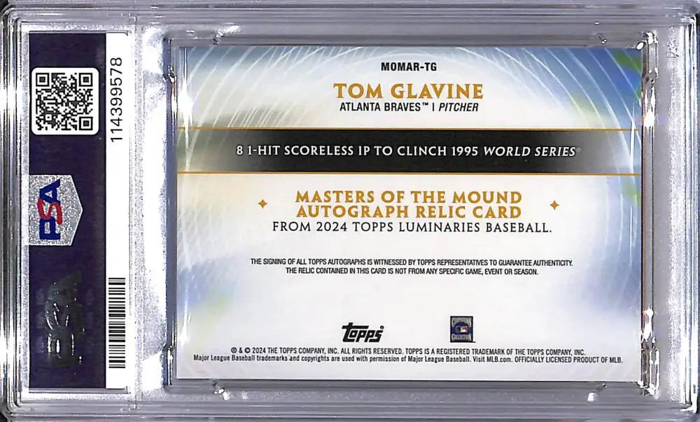 Graded Tom Glavine baseball card from 2024 Topps Luminaries Masters series with PSA 8