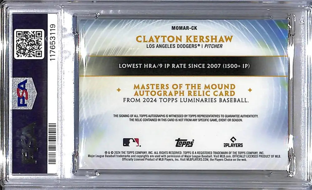 Graded Clayton Kershaw baseball card from 2024 Topps Luminaries Masters, GEM MINT PSA 10
