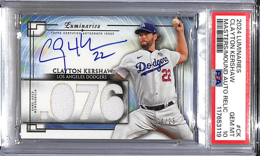 Autographed Clayton Kershaw baseball card with game-used memorabilia in Topps Luminaries Masters