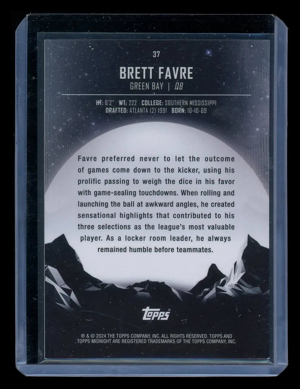 2024 Topps Midnight Brett Favre trading card featuring Brett Favre football memorabilia