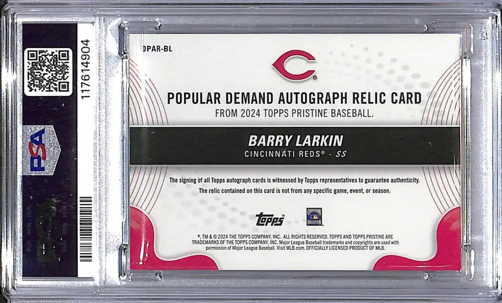 Barry Larkin autograph relic card from 2024 Topps Pristine Popular Demand showcasing Barry Larkin PSA 9 Mint MEM Auto