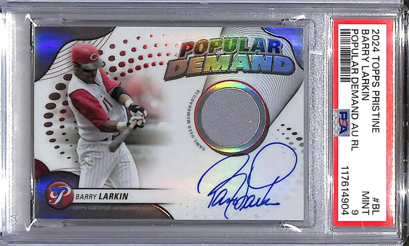 Barry Larkin autographed baseball card from 2024 Topps Pristine Popular Demand featuring Barry Larkin PSA 9 Mint Mem Auto
