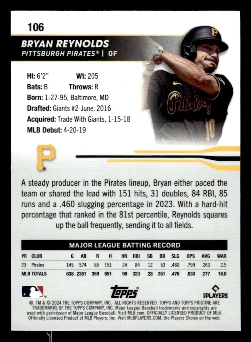 Baseball card of Bryan Reynolds from Topps Pristine featuring Pittsburgh Pirates player