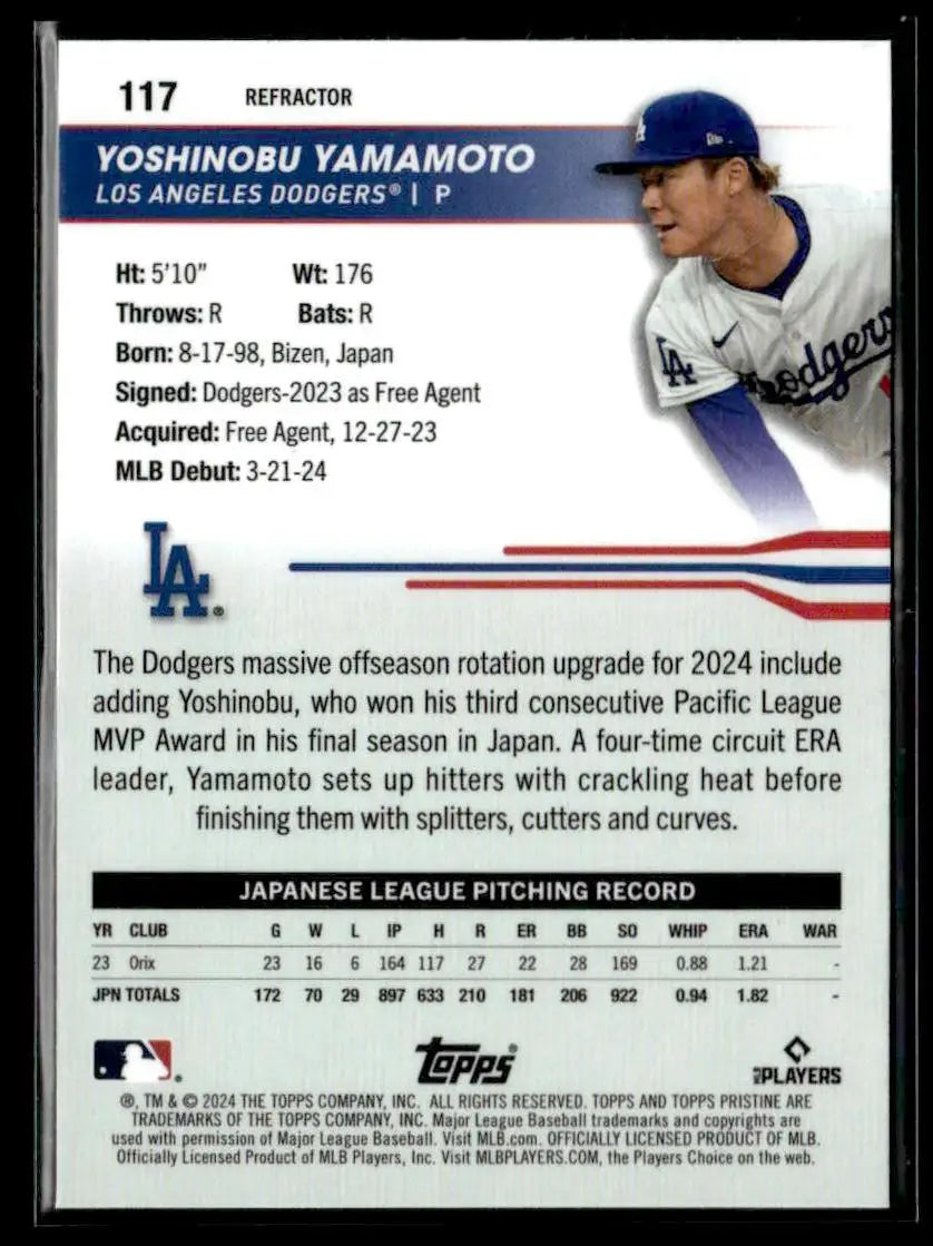 Back of a baseball trading card featuring Yoshinobu Yamamoto from Topps Pristine Pristine Refractors
