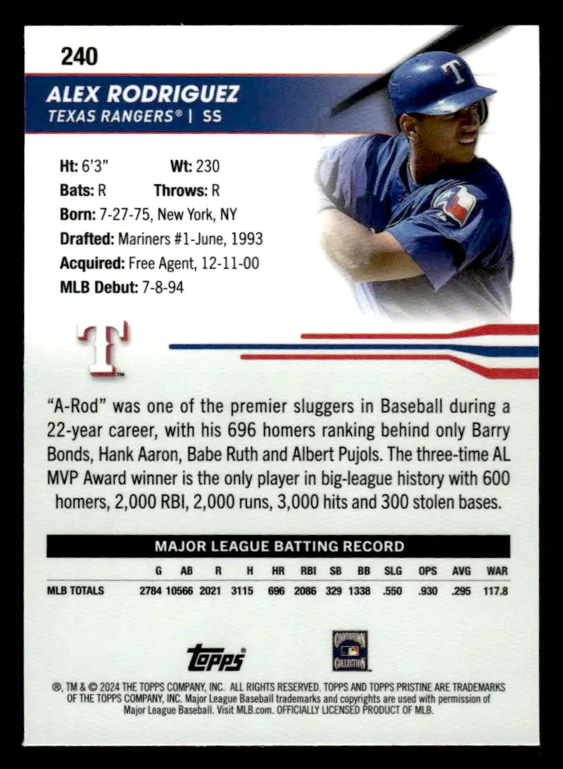 Baseball trading card of Alex Rodriguez from 2024 Topps Pristine featuring Texas Rangers