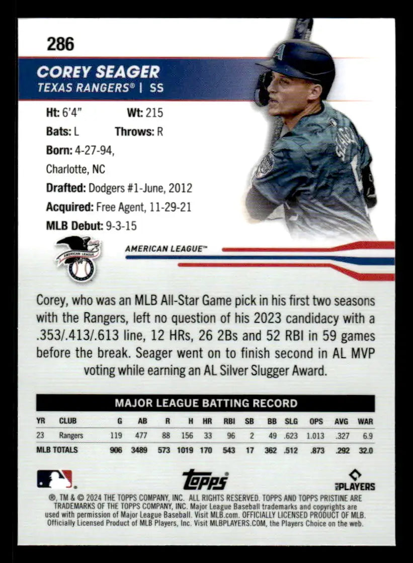 Baseball trading card of Corey Seager from Topps Pristine 2024 Texas Rangers collection
