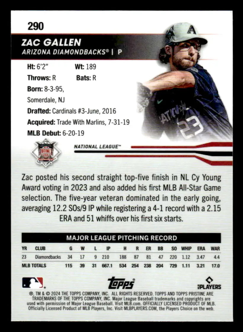 Baseball trading card featuring Zac Gallen with player stats from Topps Pristine Arizona Diamondbacks