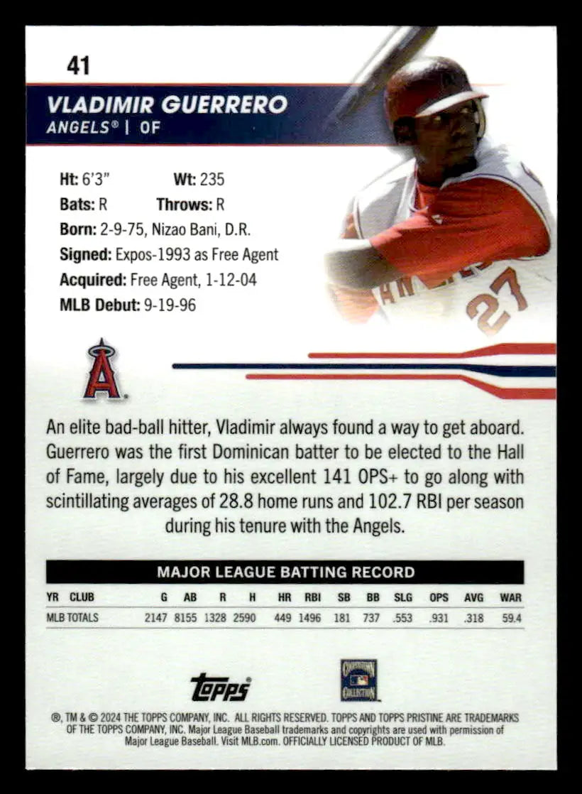 Baseball card of Vladimir Guerrero from 2024 Topps Pristine featuring Los Angeles Angels
