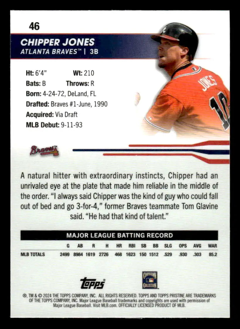 Baseball trading card featuring Chipper Jones from 2024 Topps Pristine Atlanta Braves