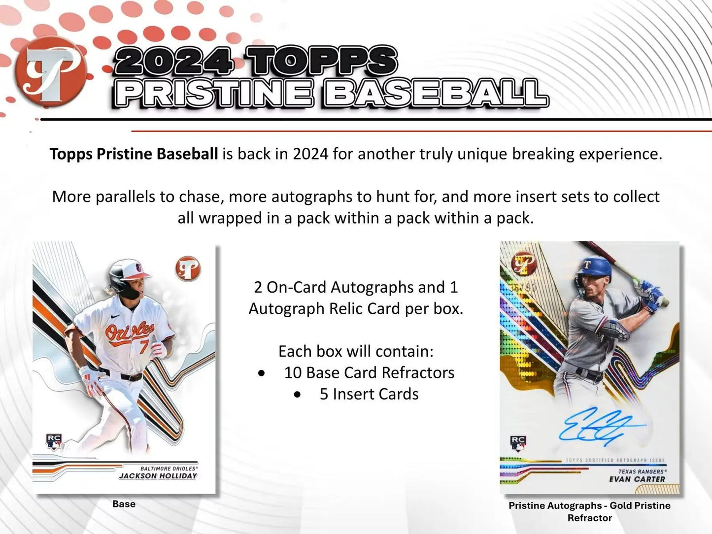 2024 Topps Pristine Baseball Cards Hobby Box with autograph relic and gold refractor selection